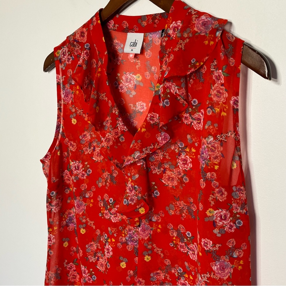 CAbi Crush Ruffle Top Style 5219 floral sleeveless ruffle neck red sz medium - Picture 4 of 7